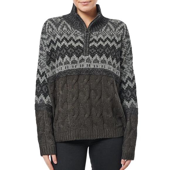 John+Jenn Cable & Fair Isle 1/4 Zip Fisherman Core Pullover Sweater Gray/Black L - Picture 1 of 10